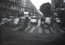 Emanuele Biagioni - giornata nel traffico parigino - 2015 acrilico su tavola cm 35x50