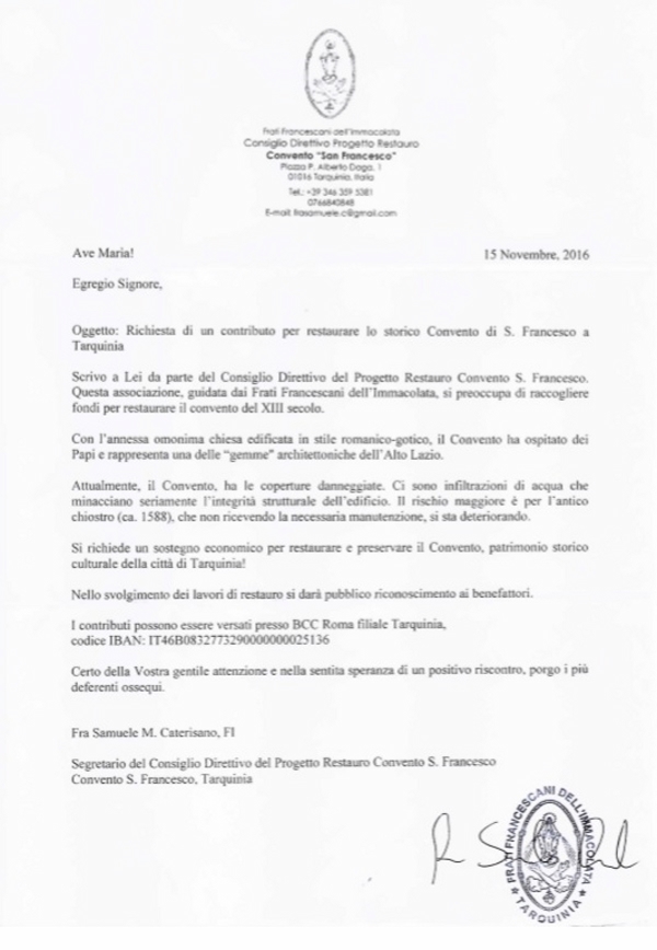 San Francesco Tarquinia Lettera a Istituzioni Associazioni Privati Istituti bancari 